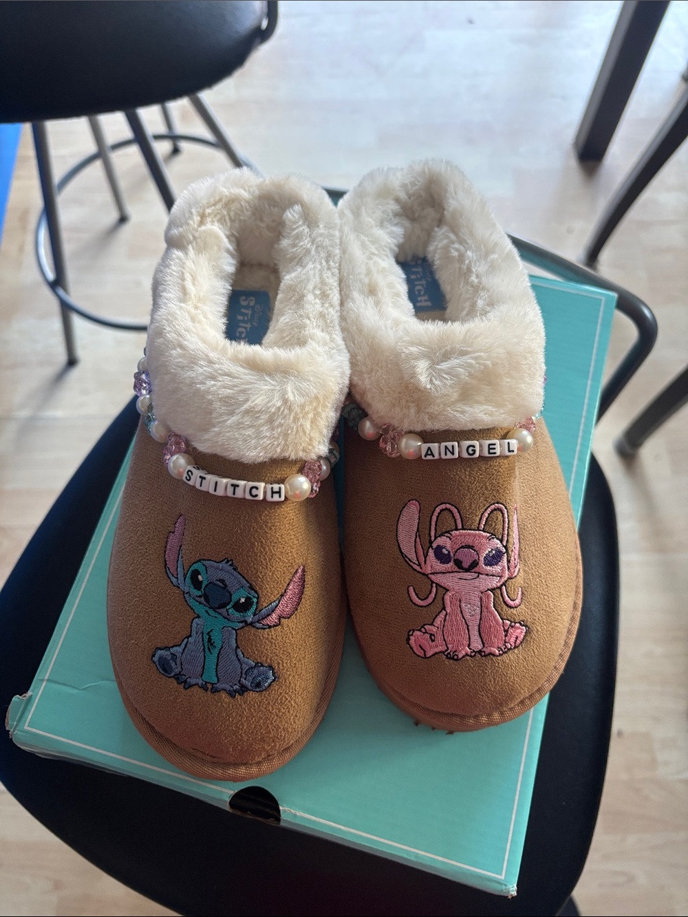 Sketchers Brown Plush-Lined One-Piece Slipper with Stitch & Angel Embroidery